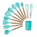 Jogo de Cozinha Kit C/12 Peças de Silicone, Utensílios e Copo Suporte para Cozinha Cabo de Madeira