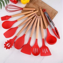 Jogo de Cozinha Kit C/12 Peças de Silicone, Utensílios e Copo Suporte para Cozinha Cabo de Madeira