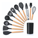 Jogo de Cozinha Kit C/12 Peças de Silicone, Utensílios e Copo Suporte para Cozinha Cabo de Madeira