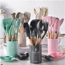 Jogo de Cozinha Kit C/12 Peças de Silicone, Utensílios e Copo Suporte para Cozinha Cabo de Madeira